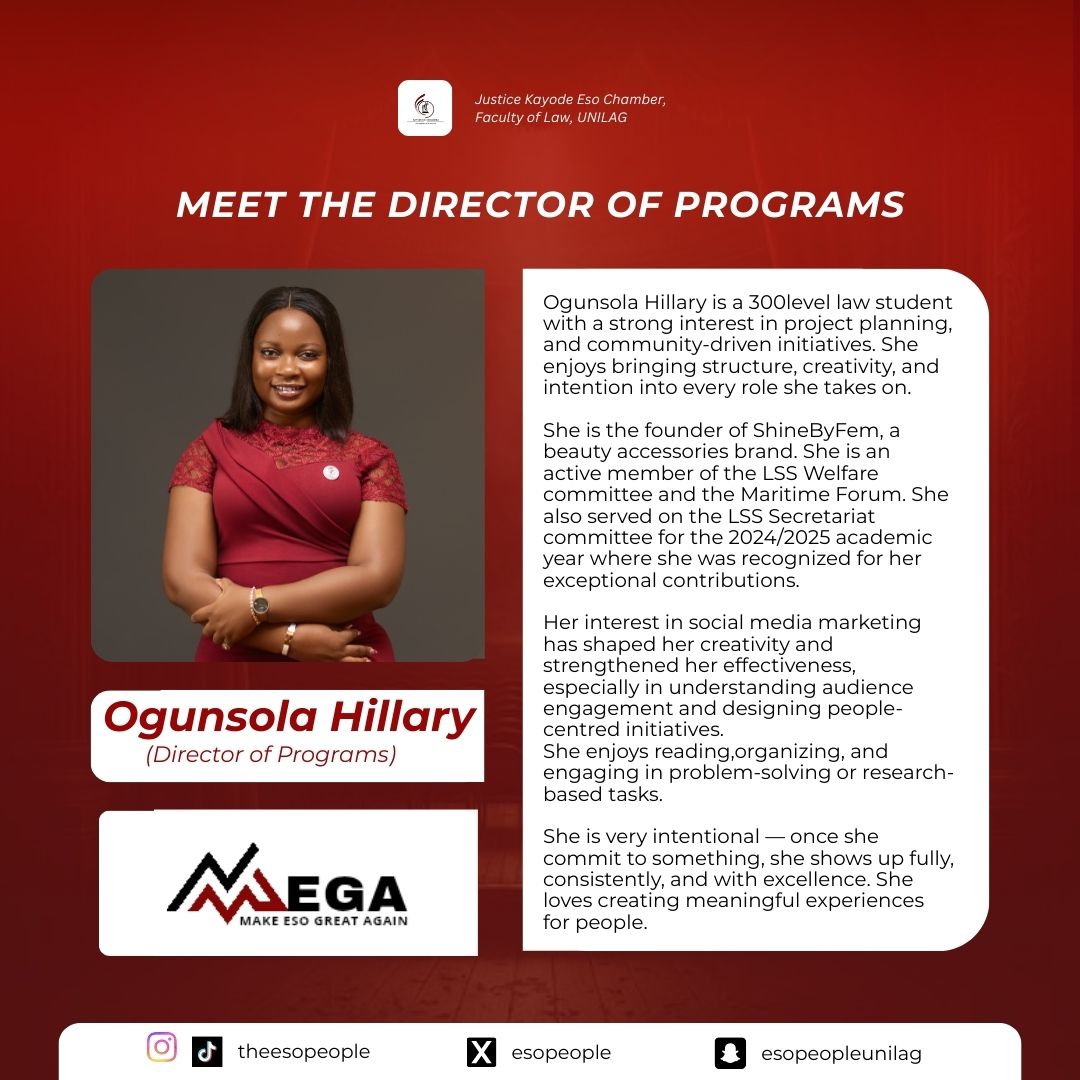 EVERY GREAT EXPERIENCE HAS A BLUEPRINT

She sees structure, timelines, and impact in everything.
As a founder, she turns ideas into experiences, not just plans.
In her hands, ideas become moments.

Meet Ogunsola Hillary, Director of Programs.

THE MEGA TEAM