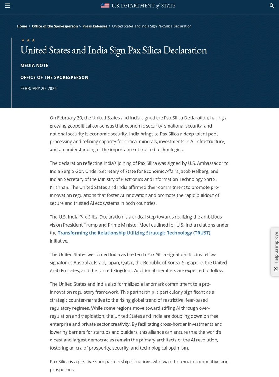 Rahulsingh014's tweet photo. BREAKING 🚨
India just JOINED the US-led Pax Silica alliance!
Signed the Pax Silica Declaration today.
Boosting secure AI, chips, critical minerals & pro-innovation rules.
Big win for Indian tech!
AI future secured?🇮🇳🇺🇸#PaxSilica #IndiaUS #AI #BreakingNews #TechAlliance https://t.co/8W1Bdrc9BG