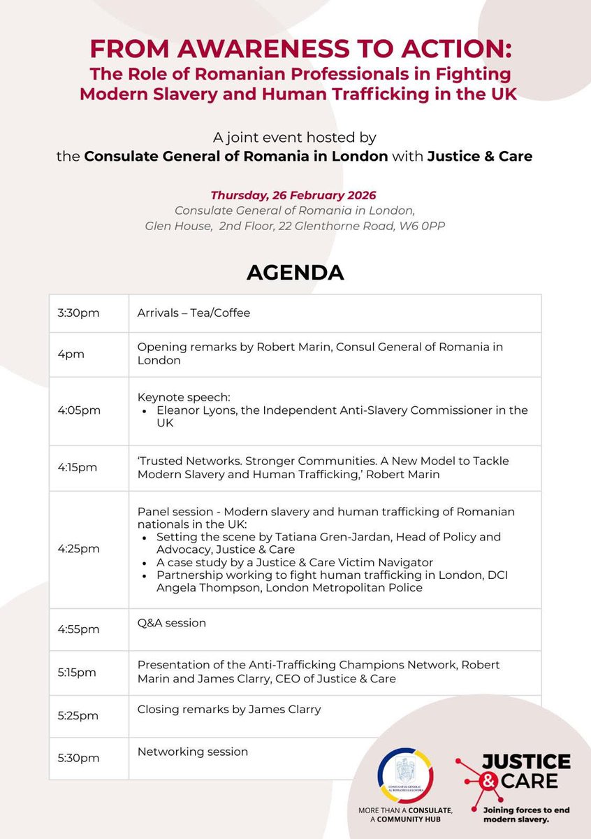 “Rolul profesioniștilor români în combaterea traficului de persoane și sclaviei moderne în Marea Britanie”  

📌 Joi, 26 februarie 2026📌
Consulatul României la Londra, Glen House, 22 Glenthorne Road, Londra W6 0PP

Evenimentul, organizat de Consulatul General al României la