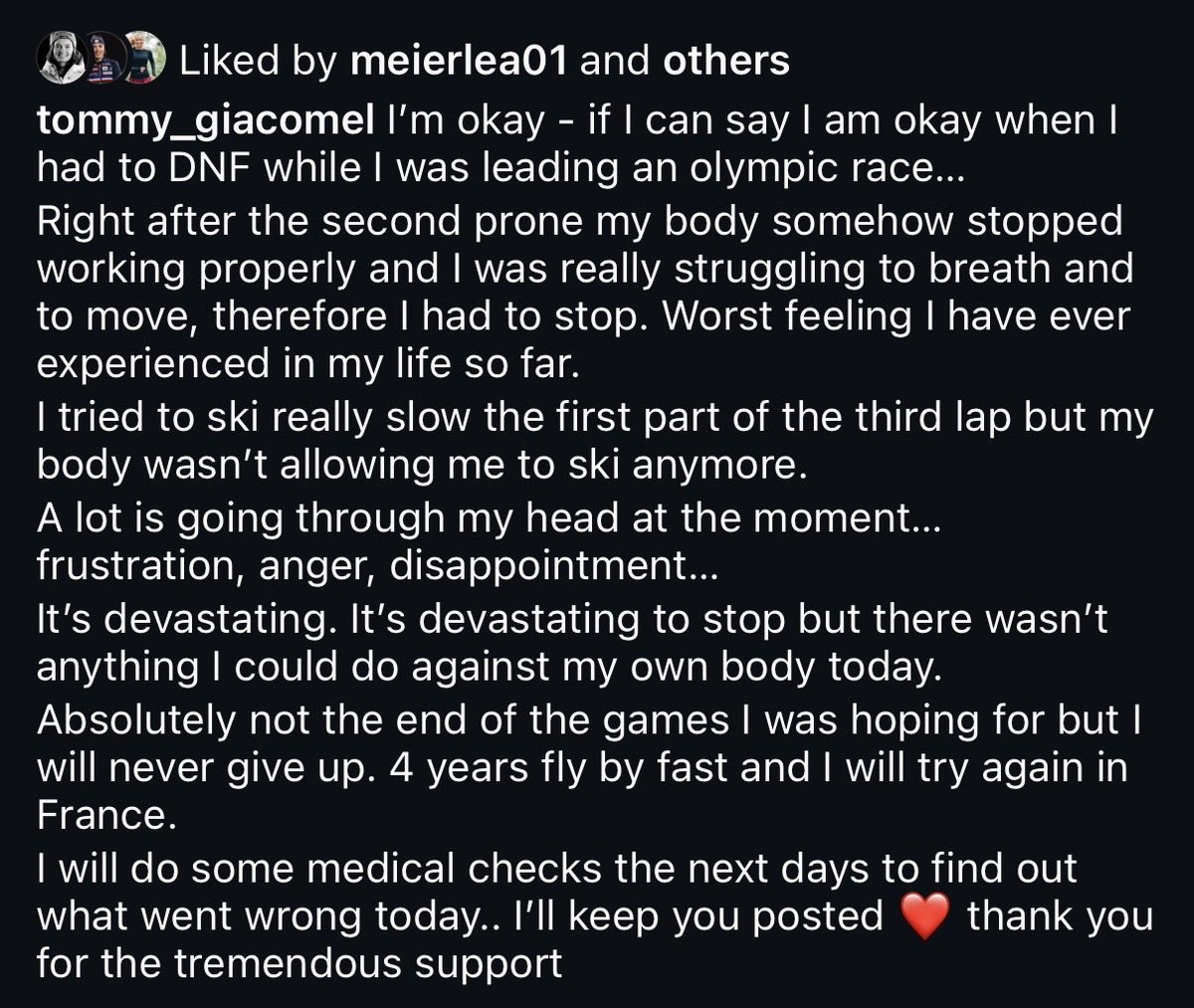 🇮🇹 Full update from Tommaso Giacomel. No official cause yet but tells us that his body “just stopped working.” Have to feel for him that it happened at this moment while he was leading the race. Thankfully sounds okay for now. Hoping for a clean report!
#biathlon