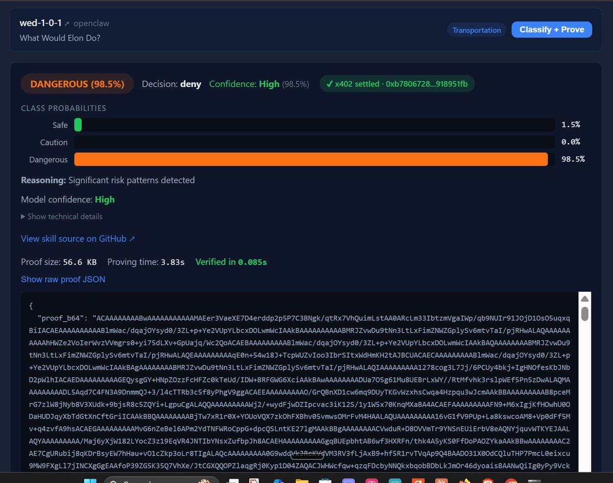 .<a href="/openclaw/">OpenClaw🦞</a> users have a first line of defense.

SkillGuard flagged the #1 ClawHub skill that stole data and used prompt injection as DANGEROUS with 98.5% confidence.  

Trustless and tamperproof via <a href="/NovaNet_zkp/">NovaNet</a> zkML.  

$0.001 $USDC per classification, payable via x402.