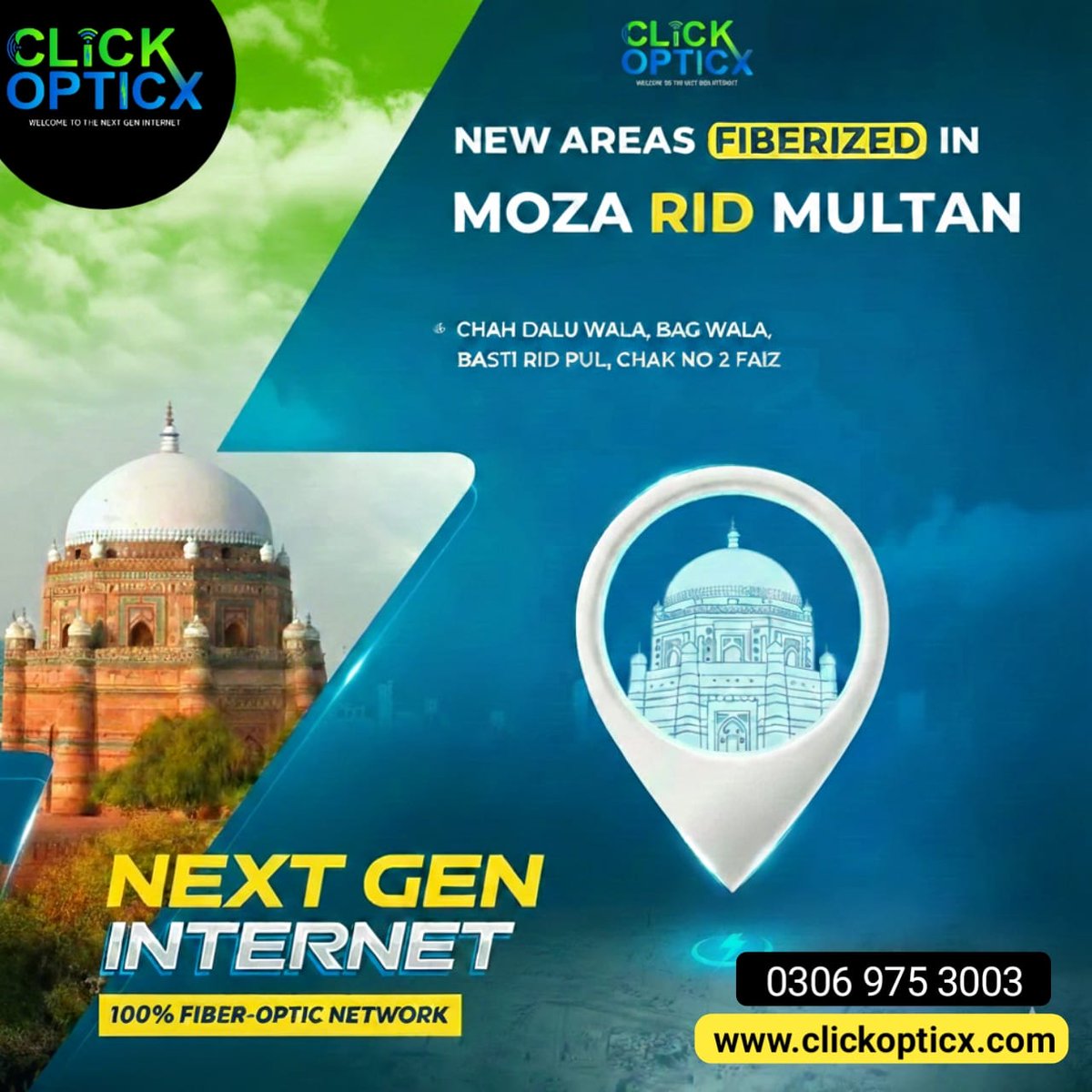 ClickOpticx's tweet photo. High-Speed Internet is Now in Moza Rid Multan!
📍 Newly Fiberized Areas:
Chah Dalu Wala
Bag Wala
Basti Rid Pul
Chak No. 2 Faiz
📞 Contact us now to get connected!
📞+92 306 9753003
🌐https://t.co/XdrKa6MmMU
#ClickOpticx #Multan #FiberInternet #NextGenInternet #MozaRid #HighSpeed https://t.co/FIRlMUEM2v
