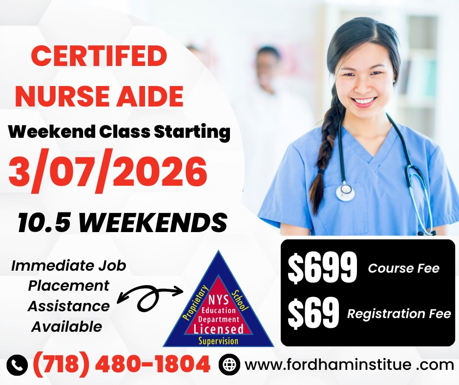 FordhamInstinc's tweet photo. Your CNA journey kicks off March 7, 2026 — and it’s happening on the weekends! 🙌

✅ Weekend CNA Program
📅 Starts March 7, 2026
⏳ 10.5 weekends

📍 98-27 Jamaica Avenue, Woodhaven, NY 11421
🌐 https://t.co/wcNXlsVJGk

#CNAProgram #WeekendClass #CNATraining https://t.co/TmqgTPQqqG