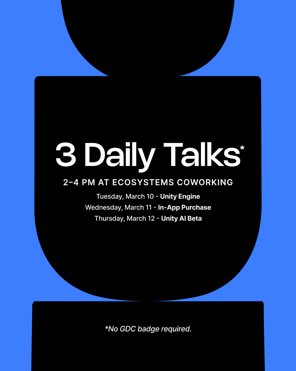 unitygames's tweet photo. #GDC2026 is coming up fast and here's what we've got planned!

💬 Daily Talks (Mar 10-12)
📝 IGDA Foundation x Unity Portfolio Reviews (Mar 12)
🍸Education Mixer (Mar 12) 
🎙️Livestreams (more details coming soon)

Learn more and register: https://t.co/zQflAztOqU https://t.co/uU3hBumZ9e