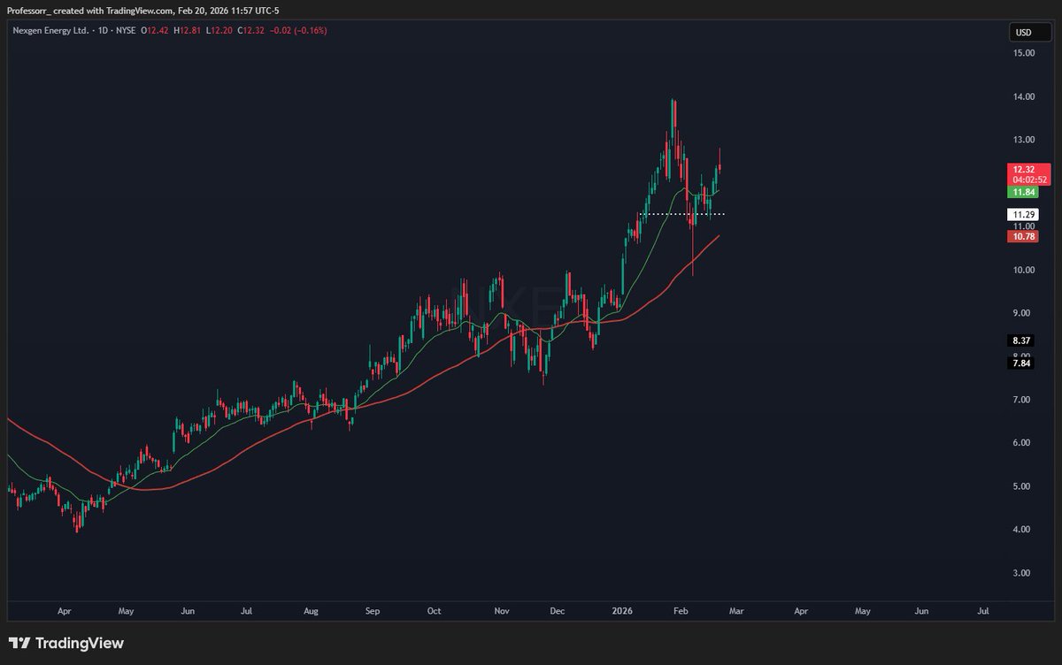 NXE：继续持有

最近几天表现还是挺不错的，一直稳稳地待在21日均线上方。

我觉得这里没什么需要调整的。
只要现在能守住11.7这个位置，咱们就没什么可担心的。

这只股票和这个板块现在就适合静观其变，不用折腾。
