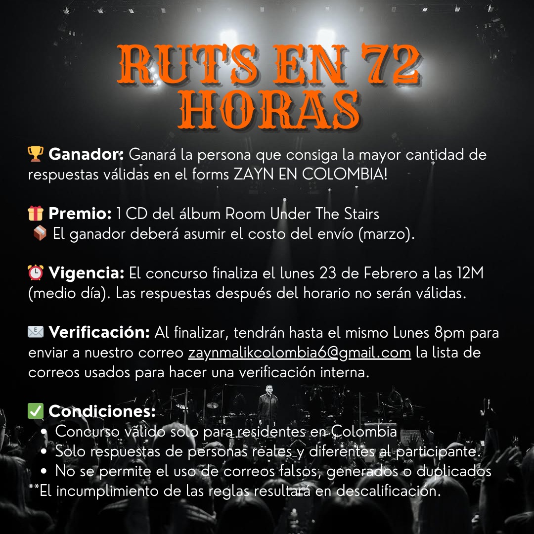 ZaynMCo's tweet photo. 🚨| CONCURSO RUTS EN 72 HORAS!

Reúne la mayor cantidad de fans de Zayn y gana un CD de Room Under The Stairs!
#ColombiaNeedsZayn 

🔗 https://t.co/4SAUOunOjC https://t.co/aLjaXUoRjX