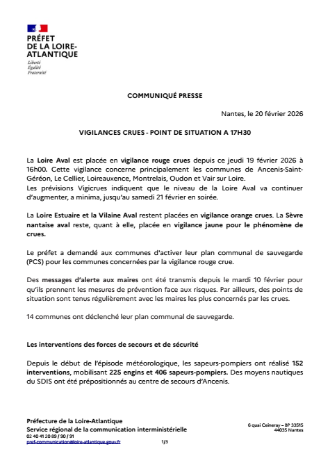 Prefet44's tweet photo. #VigilanceCrues | Le tronçon de la Loire aval est maintenu en vigilance rouge crues et les tronçons de la Vilaine aval et de la Loire estuaire sont placés en vigilance orange.  

Retrouvez ci-dessous le dernier point sur la situation⬇️ https://t.co/dhYlpmSueI