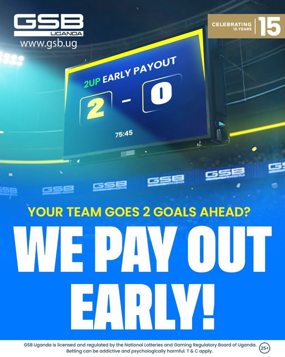GSB_Uganda's tweet image. 𝐊𝐚 𝟐𝐔𝐏 𝐊𝐚𝐚𝐤𝐚𝐧𝐨 🆕
With 2UP, it’s an Early Payout: once your team leads by 𝟐 𝐆𝐨𝐚𝐥𝐬, your bet is instantly settled as a 𝐖𝐈𝐍, even if the game changes later. 𝐁𝐞𝐭 𝐒𝐦𝐚𝐫𝐭. 𝐁𝐞𝐭 𝟐𝐔𝐏! 🔗 👉🏾 buff.ly/y0dedq2

#GSBUganda | #SportsBetting | #2UP |
