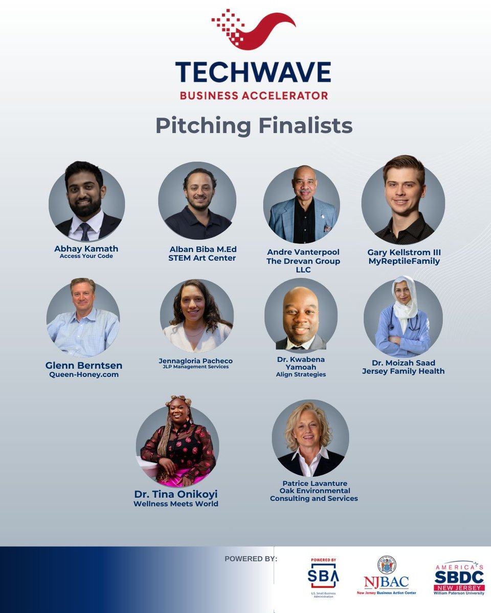 WPSBDC's tweet photo. Congrats to the 10 finalists of the TechWave Business Accelerator Pitch Competition!

Special thanks to our top 3 winners for their outstanding pitches and ideas!

Want more events, workshops &amp; webinars?

https://t.co/l0fm7gnwvS
#TechWave #Entrepreneurship #NJSBDC #SmallBusiness https://t.co/xAZ4D2e5Rx