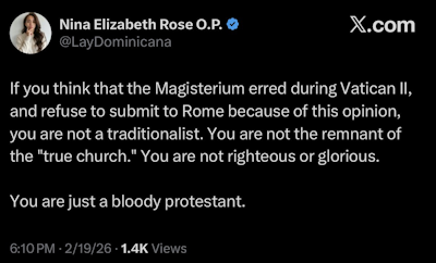 Nina has accidentally made my argument for me.

The position she's defending requires that the Magisterium is self-referentially infallible, not just in solemn definitions, but in pastoral councils, documents, and the general drift of a pontificate. That's not Catholicism. That's