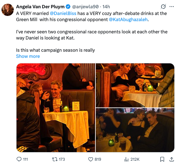 JustinKaufmann's tweet photo. Ha! These photos were taken about 20 minutes after the 9th Congressional Democratic Primary debate ended (which I moderated).
That's me (the bald guy on the other side). Yes, it was cozy. Have you ever sat in a #GreenMill booth?
There is nothing inappropriate going on. Jeez. https://t.co/ZdXX7rXVqQ