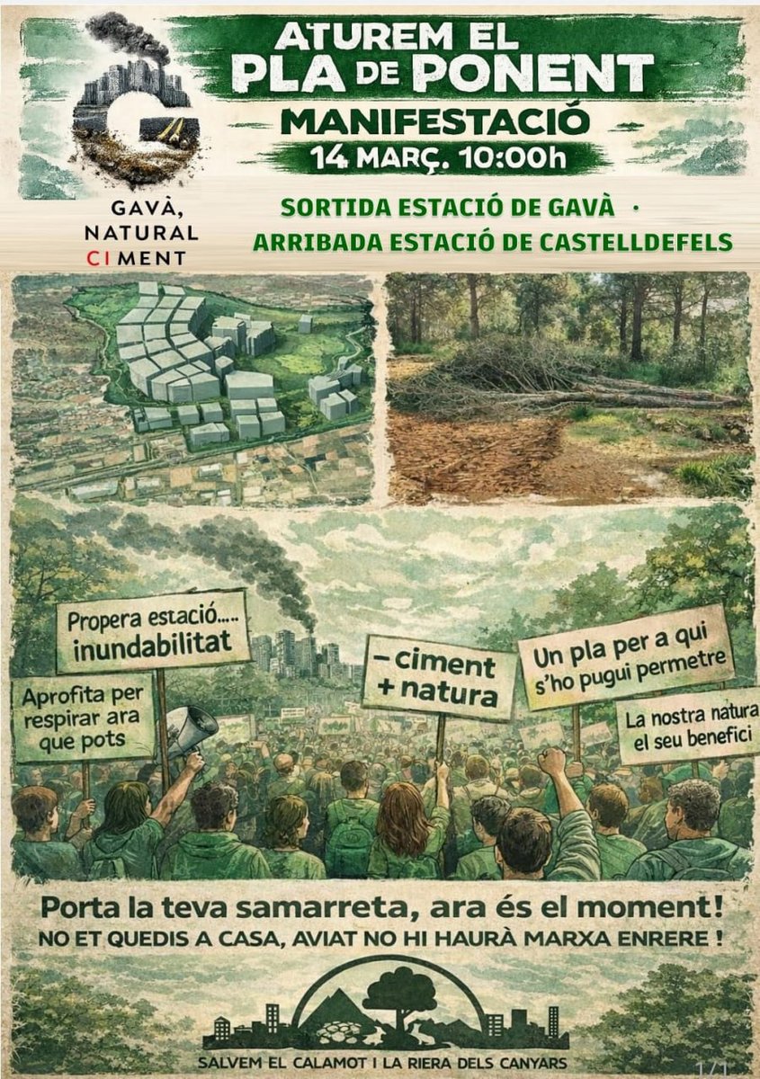 📢 14 de març · MANIFESTACIÓ
🕙 10:00 h
🚉 De l’estació de #Gavà a la de #Castelldefels
🚶 Passant pel Pla de Ponent
💚 Porta la samarreta verda
🪧 Porta pancartes
✊ Defensem el territori abans que sigui massa tard
#AturemElPlaDePonent 
#BaixLlobregat