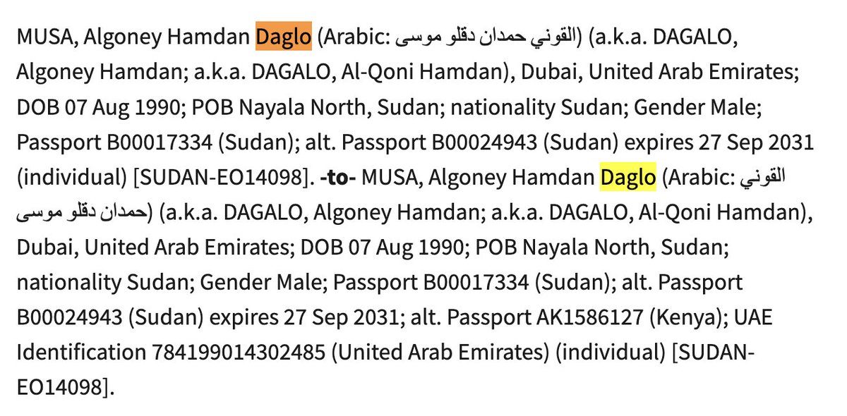 Ramah_Nyang's tweet photo. Why on earth does Algoney Hamdan Daglo, a man @USTreasury sanctioned in 2024 for his role as the "procurement director of the RSF (Rapid Support Forces)", 
have a Kenyan passport? [https://t.co/nxmax76E3U] 

What's the explanation for this @InteriorKE? https://t.co/ofLMgKVYkX