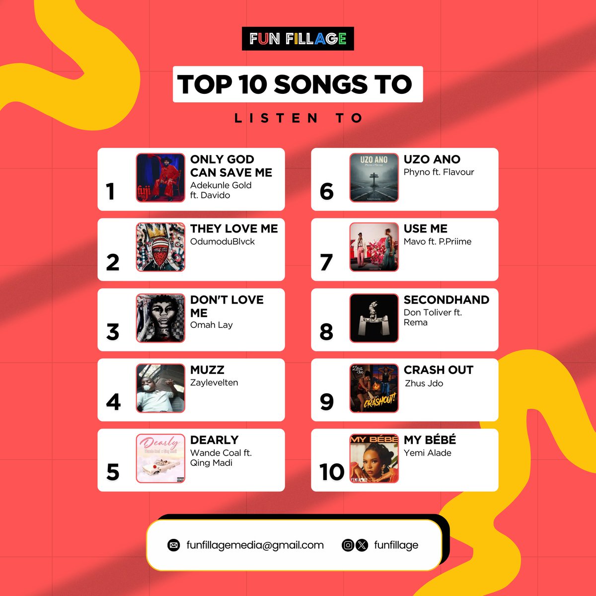 FUNFILLAGE TOP TEN SONGS TO LISTEN TO 

Featuring Adekunle Gold,Davido, OdumoduBlvck,Omah Lay, Zaylevelten,Wande Coal,Qing Madi,Phyno, Flavour, Mavo,Don Toliver,Rema,Zhus Jdo,Yemi Alade 

Which of them have you had on repeat 🔁