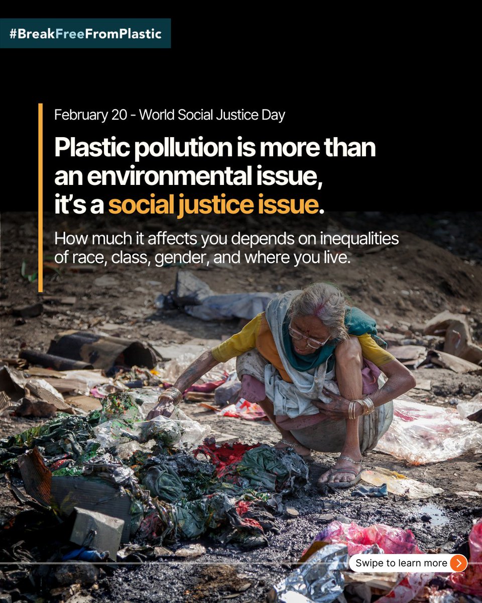 brkfreeplastic's tweet image. Plastic pollution is not only an environmental issue but also a human rights  issue. From extraction of fossil fuel, production, manufacturing, use, recycling, and up to disposal. 🛢️🏭

#BreakFreeFromPlastic #WorldSocialJusticeDay #HumanRights