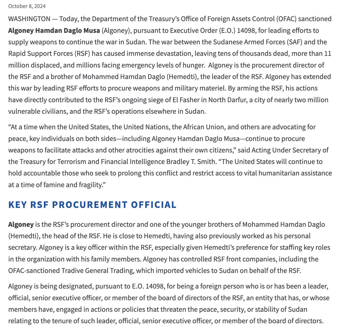 Ramah_Nyang's tweet photo. Why on earth does Algoney Hamdan Daglo, a man @USTreasury sanctioned in 2024 for his role as the "procurement director of the RSF (Rapid Support Forces)", 
have a Kenyan passport? [https://t.co/nxmax76E3U] 

What's the explanation for this @InteriorKE? https://t.co/ofLMgKVYkX