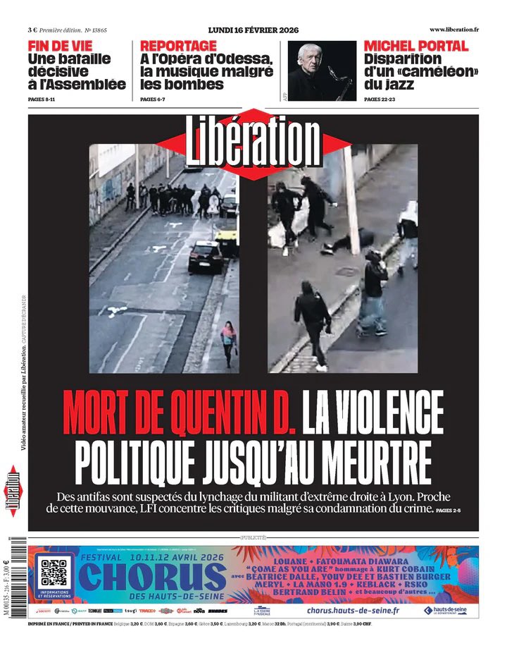 ComiteClement's tweet photo. MORT D’UN FASCISTE
Deux Unes, deux poids, deux mesures.
@libe https://t.co/vGdU8OImMW