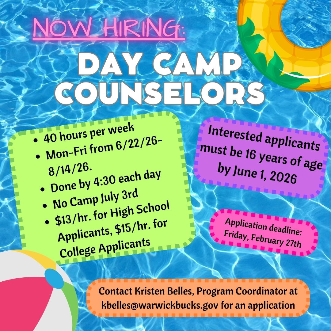 Warwick Township Day Camp is seeking energetic and dedicated camp counselors for Summer 2026!  Learn more details or get the application here: warwick-bucks.com/employment-opp…. 

Contact Kristen Belles, Program Coordinator with any questions.  The application deadline is Friday, 2/27/26!