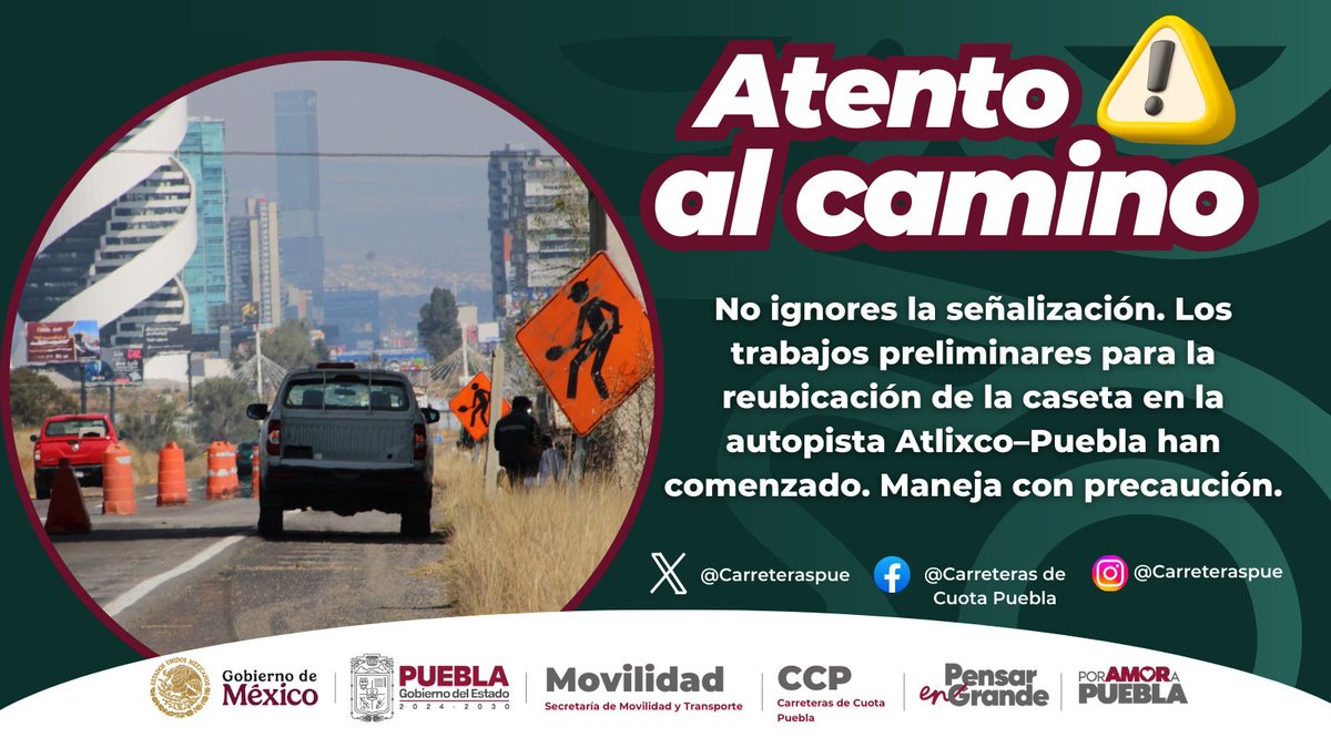 En la autopista Atlixco–Puebla avanzan los trabajos para la reubicación de la caseta. Por tu seguridad y la de todos, respeta los señalamientos, reduce la velocidad y conduce con precaución.

El Gobierno de Puebla y nuestro gobernador Alejandro Armenta impulsan esta obra con
