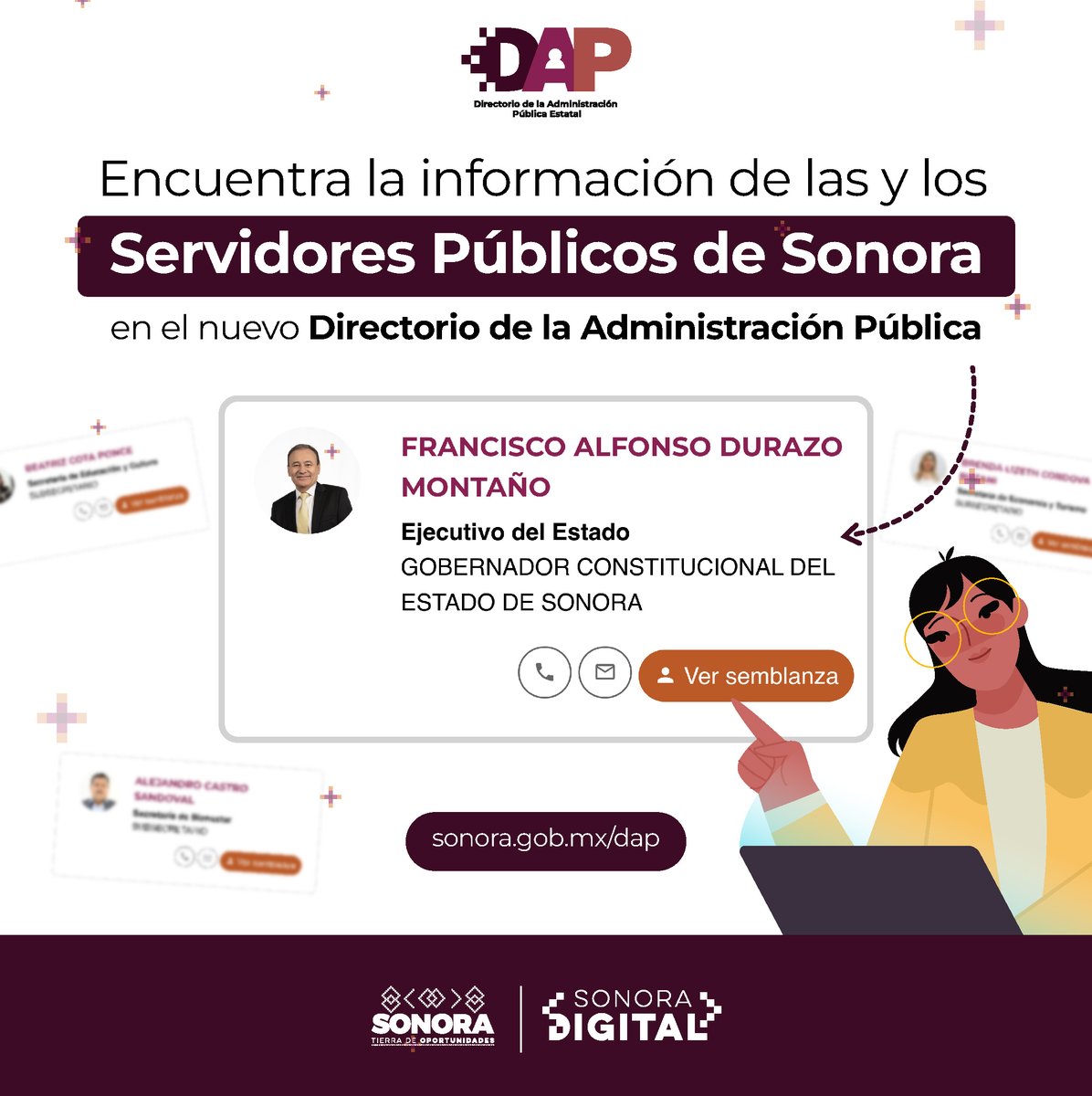 Encuentra la información de las y los servidores públicos de Sonora📋 

Ahora es más fácil que nunca en el nuevo Directorio de la Administración Pública (DAP) ➡️ Entra a sonora.gob.mx/dap 🌐 <a href="/gobiernosonora/">Gobierno del Estado de Sonora</a>