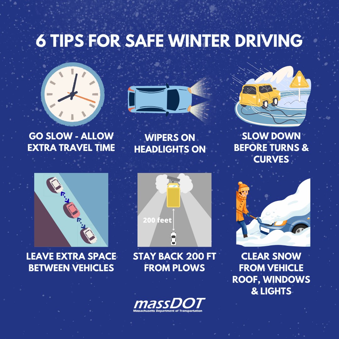 MassDOTSafety's tweet image. Snow could impact this afternoon's commute. Remember to:

🦥Go #SLOW
🕟Allow extra time to travel
👀Drive with care as conditions change
🚗Leave extra space between vehicles
🛣️Stay back at least 200ft from plows
💡When the wipers are on, the headlights need to be on