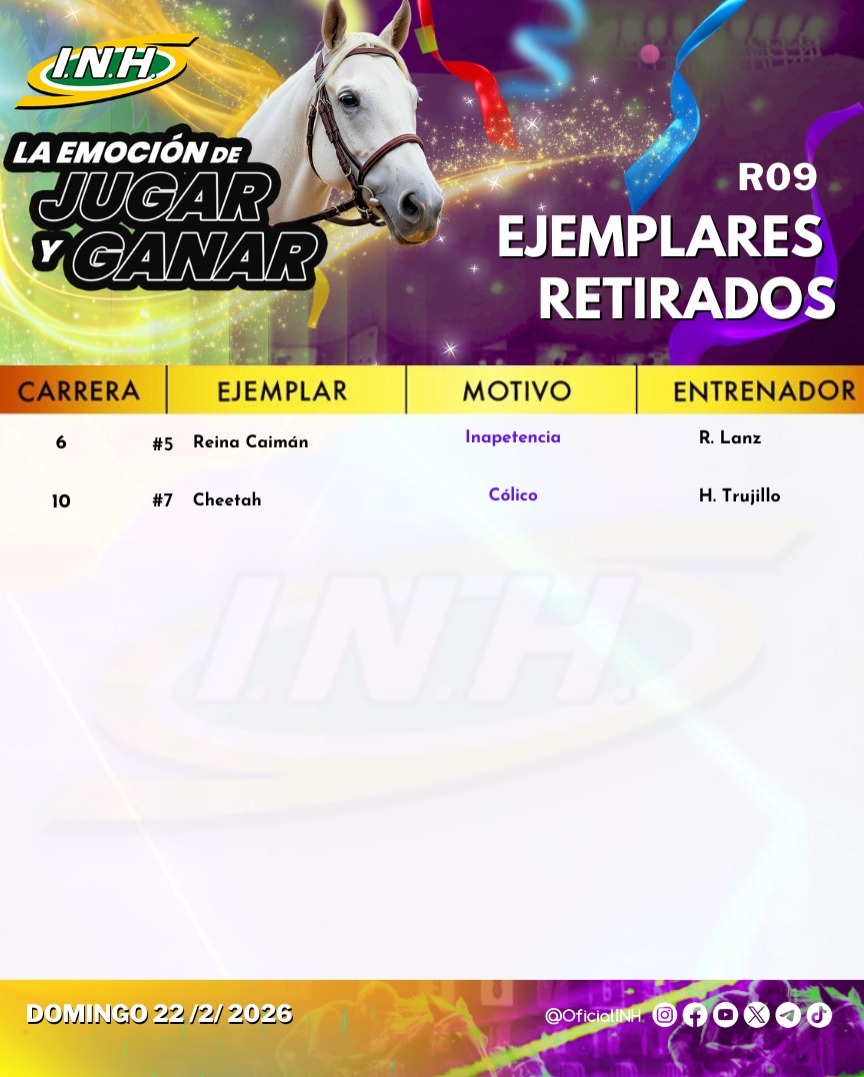 #RetiradosINH 💉

➡️ Presentamos la actualización de los ejemplares retirados oficiales hasta el momento para la R09 este domingo 22 de febrero en el Hipódromo Internacional La Rinconada.

#Hipismo 🏇