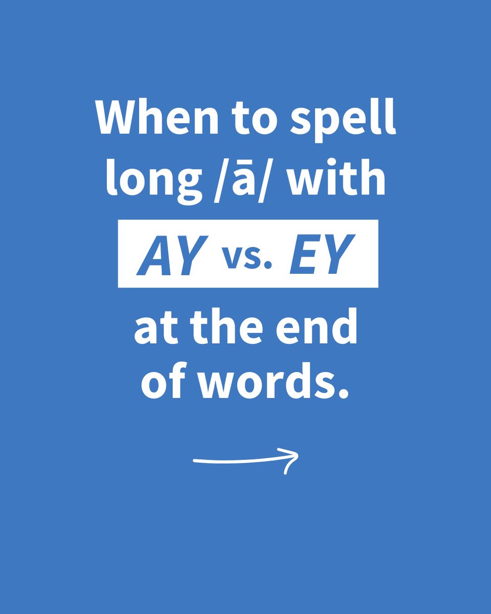 LogicofEnglish's tweet photo. Rule 9: AY usually spells the sound /ā/ at the end of a base word.

Check out all 31 spelling rules on our website! https://t.co/TgwmWu1IaW
