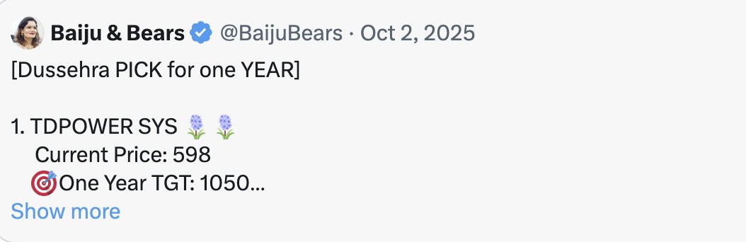 BaijuBears's tweet image. #Dussehra pick stock update today

1. TD Power system  🎇

Flashed initiated at 598
One Year Target 1050+

▪️Current Price: 890-900
▪️Four Digit Breakout Target.
▪️Rising Channel Breakout on weekly Chart
▪️Trend consolidation at neckline 
▪️Double Top weekly Breakout 820