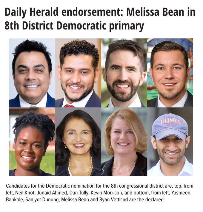Melissabeanil08's tweet photo. I'm honored to have the endorsement of the @dailyherald Editorial Board! In this urgent moment, we need leaders with the courage, experience, and resolve to take back Congressional authority and deliver results. I look forward to working on behalf of the 8th District in Congress. https://t.co/6sDEmtw8BG