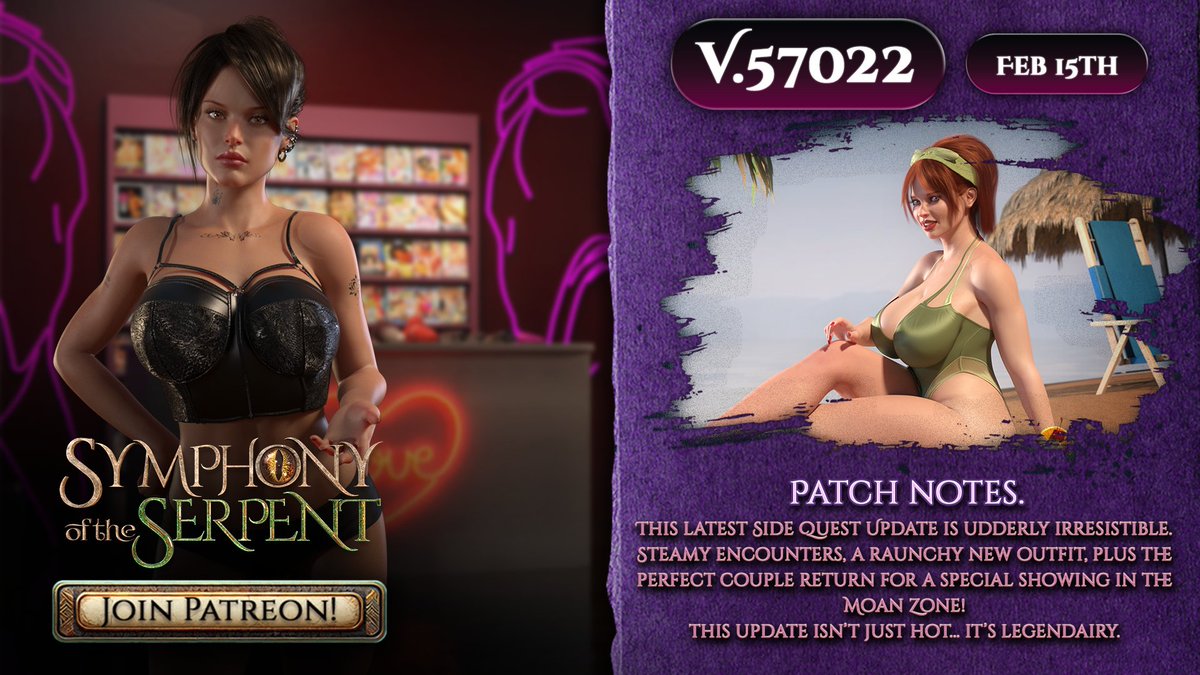 Symphony of the Serpent v.57022 is out!

- New side women fun added
- One character got her first booty call Kamasutra page!
- New outfit added
- Dangerous new encounter added
- Highly requested fan-favourites return