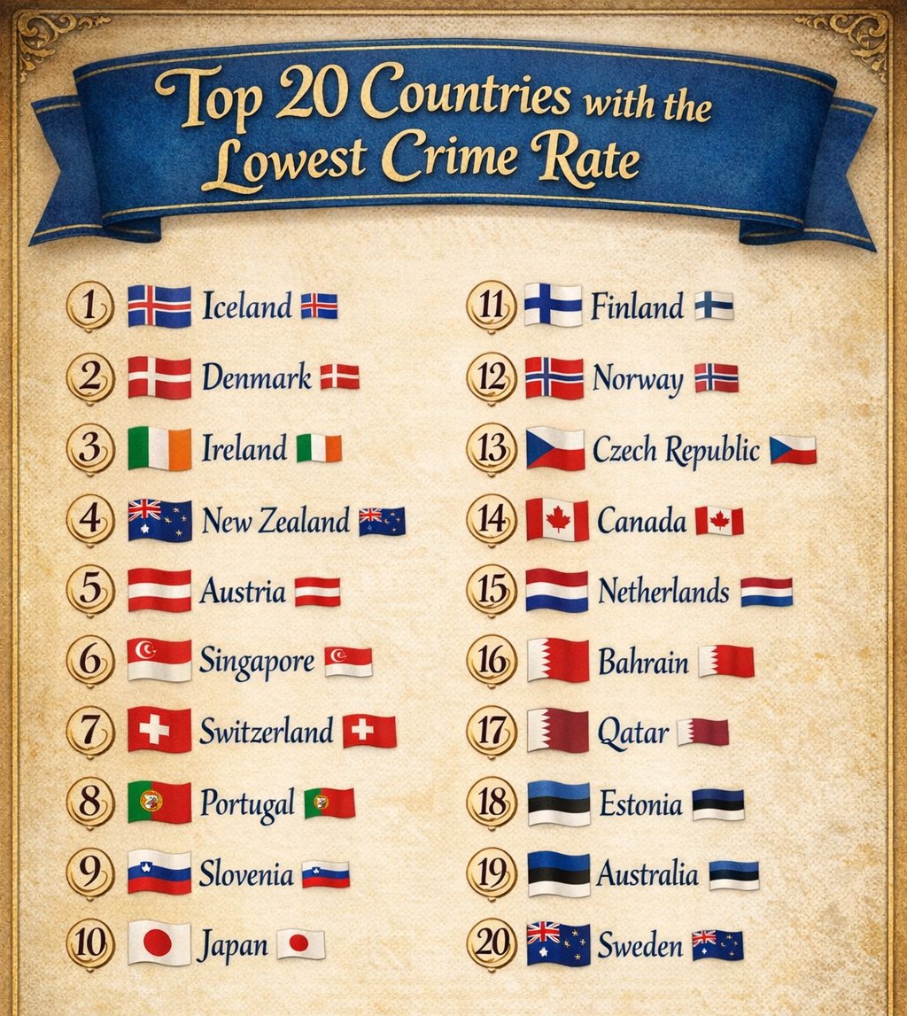 data_globe's tweet image. Top 20 Countries with the Lowest Crime Rate

❶ 🇮🇸 Iceland
❷ 🇩🇰 Denmark
❸ 🇮🇪 Ireland
❹ 🇳🇿 New Zealand
❺ 🇦🇹 Austria
❻ 🇸🇬 Singapore
❼ 🇨🇭 Switzerland
❽ 🇵🇹 Portugal
❾ 🇸🇮 Slovenia
❿ 🇯🇵 Japan
⓫ 🇫🇮 Finland
⓬ 🇳🇴 Norway
⓭ 🇨🇿 Czech Republic
⓮ 🇨🇦 Canada
⓯ 🇳🇱 Netherlands
⓰ 🇧🇭