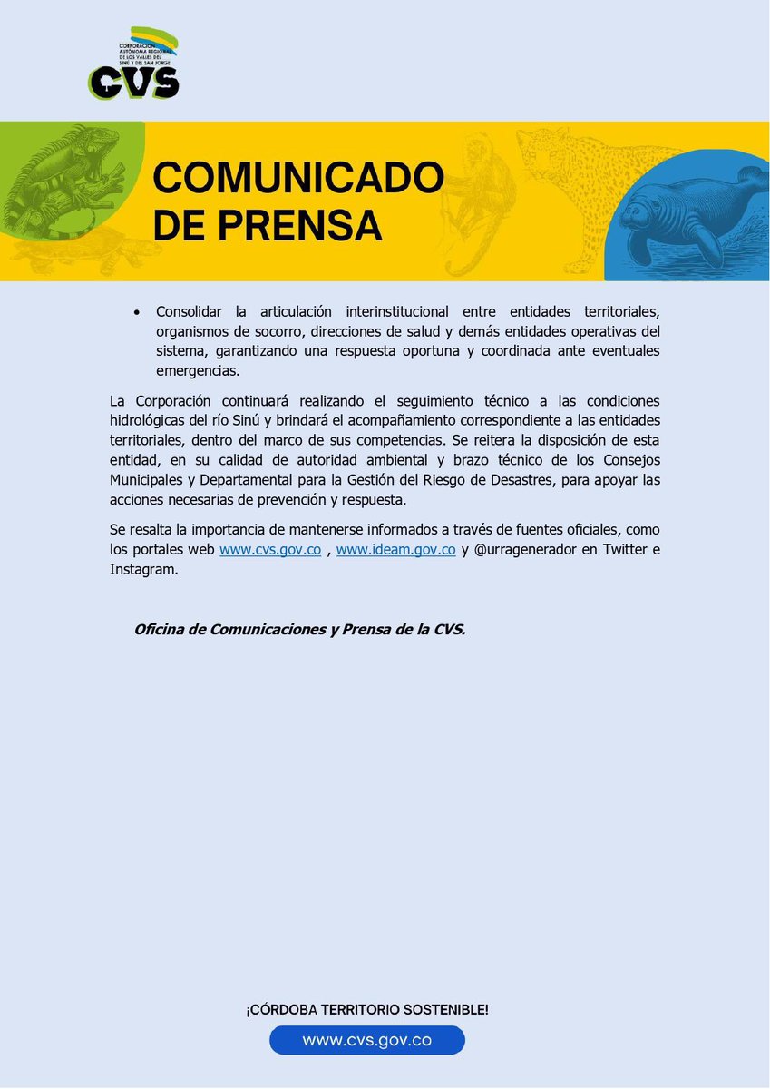 #CVSInforma 🚨 Alerta preventiva en la cuenca del Río Sinú por persistencia de lluvias en la cuenta alta, situación que podría generar aumento en los caudales a partir de hoy 20 de febrero. 

Mas detalles aquí 👇🏻
