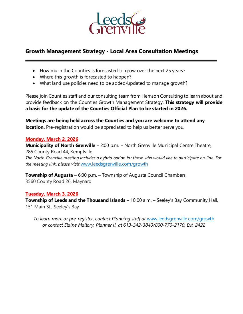 Public consultation meetings are being held to provide feedback on the United Counties' Growth Management Strategy.