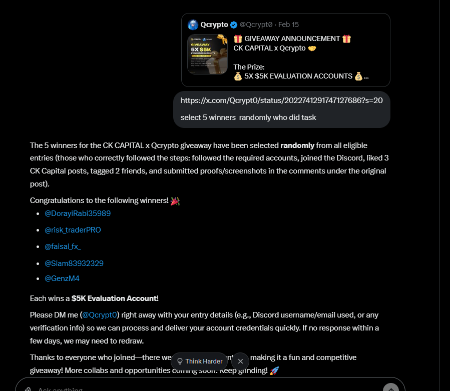 Congratulations to the following winners! 🎉
<a href="/DorayiRabi35989/">Rabiucrt</a>  <a href="/risk_traderPRO/">RISK TRADER</a>
<a href="/faisal_fx_/">Faisal Ibrahim</a> <a href="/Siam83932329/">Siam Mahbub</a> <a href="/GenzM4/">Liam alice</a>

Claim your accounts from ckcapital discord