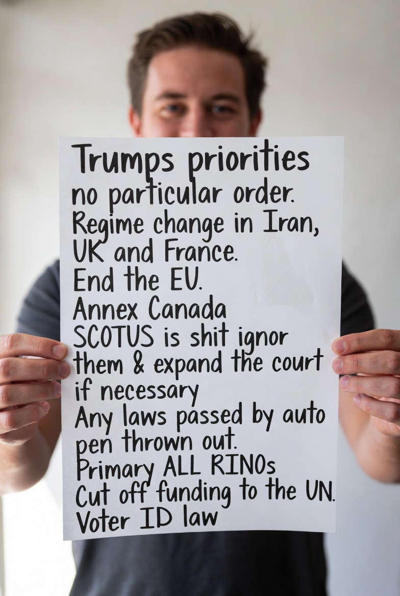 Trumps priorities, no particular order. Regime change in Iran, UK and France. End the EU. Annex Canada. SCOTUS is shit, ignor them, &amp; expand the court if necessary. Any laws passed by auto pen thrown out. Primary ALL RINOs. Cut off funding to the UN. Voter ID law. Any more ?