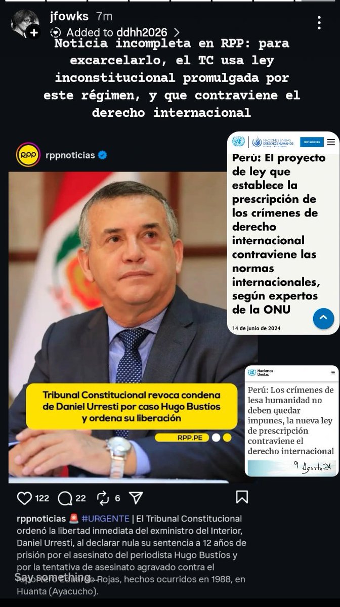 Algunos medios informan sin detallar que la norma que usa el Tribunal Constitucional para anular la condena a Urresti viola el derecho internacional que es parte de la legislación que Perú debe cumplir; una ley aprobada por este Congreso, por la coalición mafiosa