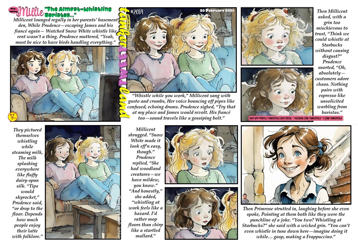 TankerTalk's tweet photo. tankerTWEETland comix No. 2084 - Millie: “The Almost‑Whistling Baristas…” (2/20/2026) #webcomics #webcomic #comics #DiscoverComics #humor #humour #Satire #Memes #memesdaily #Millie #priudence #people #friends #Coffee #family #CoffeeTime #poetry #POEMS #LOL #primrose #whistling https://t.co/R4lW2H6blI