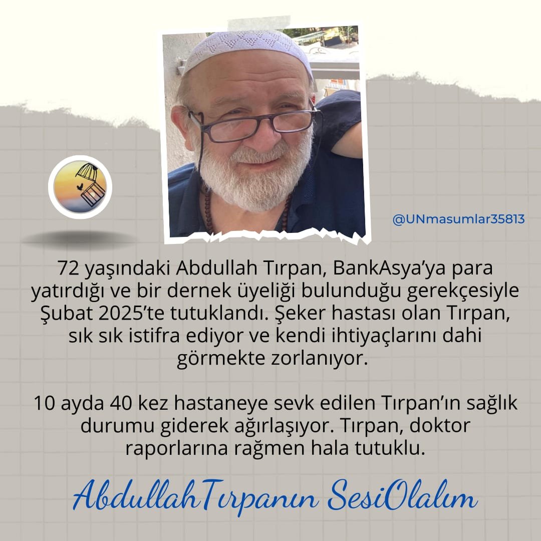 UNmasumlar35813's tweet photo. Gazeteci Sevinç Özarslan, bir yıldır Tekirdağ'da tutuklu olan 72 yaşındaki hayırsever Abdullah Tırpan Amca'nın halen cezaevinde tutulmasına isyan etti: 

"Bir kişi daha tabutta tahliye edilmesin!.."

AbdullahTırpanın SesiOlalım @ErtugrulGunay https://t.co/7UrGagkWbQ