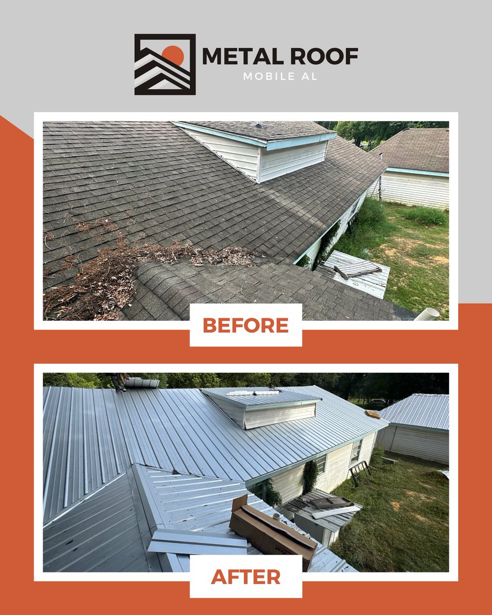 MetalR92309's tweet photo. Before ➡️ After 😍

This home just got a major upgrade with a 26-Gauge Tuff-Rib metal roof in Galvalume from @DixieSupply — and what a transformation.

📲 (251) 588-3086

https://t.co/5RIVyhDTA1

#MetalRoofMobileAL #MetalRoof #Roofing #Roof #RoofingContractor https://t.co/m8zn1omIAX