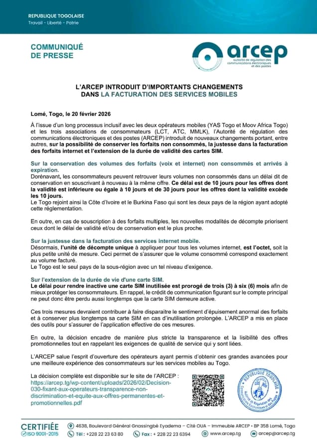 afanou_oli's tweet photo. Après des années de plaidoyer, l'ARCEP répond enfin aux préoccupations et besoins des consommateurs togolais. Des réformes qui respectent enfin le pouvoir d'achat des citoyens.
#Togo #TgTwittos #TogoDigital #DataMobile #Transparence https://t.co/3X5OI4asFz
