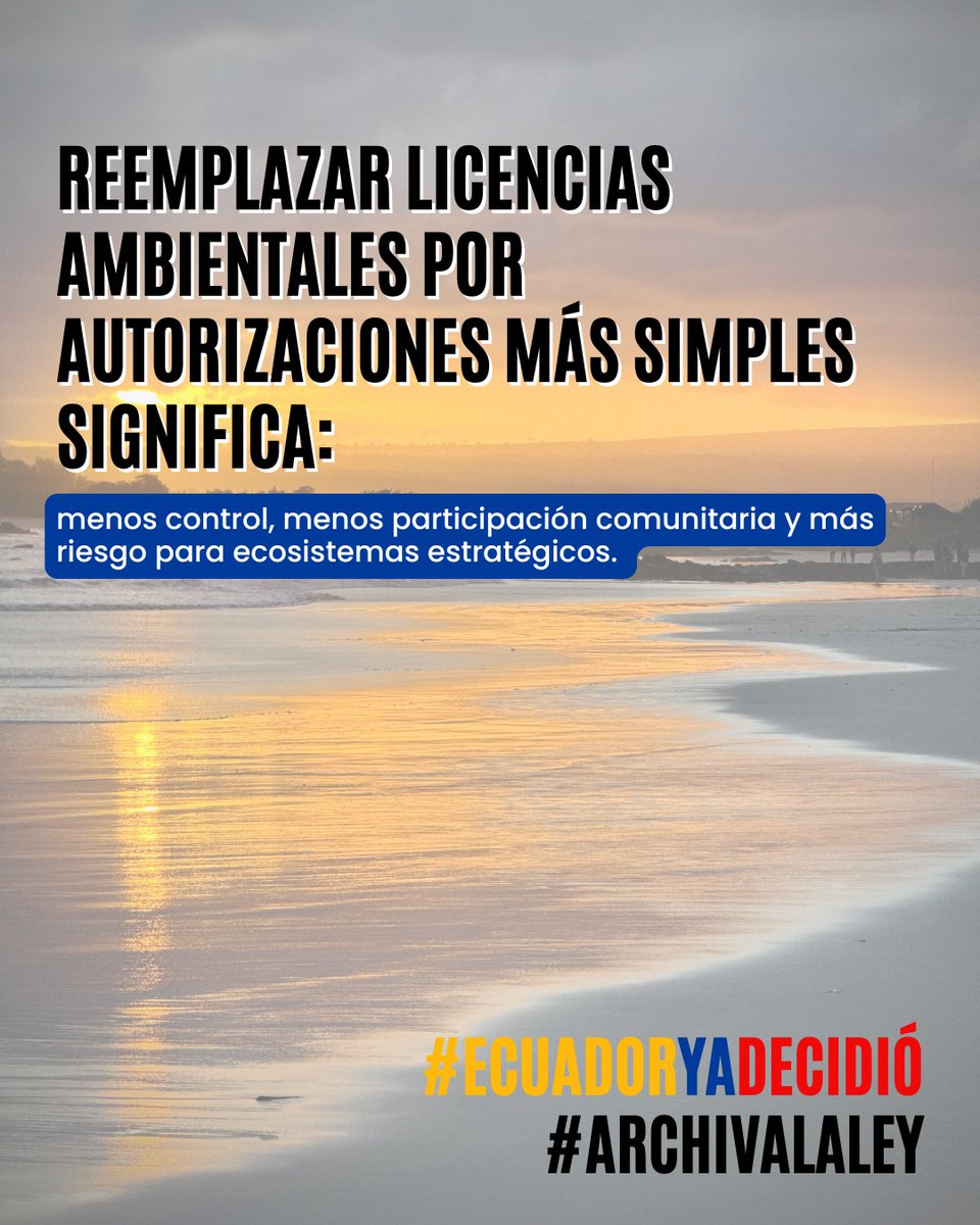 #ArchivaLaLey | Reducir controles ambientales no es fortalecer el país.
Es poner en riesgo ecosistemas estratégicos y comunidades. Mañana votan por la vida o por el extractivismo.
  #ArchivaLeyMinera <a href="/AsambleaEcuador/">Asamblea Nacional</a> 🇪🇨