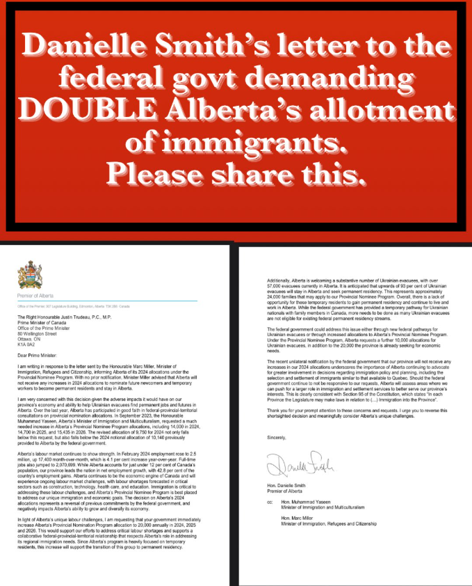 MerlinofCanada's tweet image. .Here you have @ABDanielleSmith's letter demanding DOUBLE Alberta's allotment of immigrants. This referendum is nothing but a #WagTheDog move to distract from a disastrous budget and #UCP total incompetence. She needs a Scapegoat &amp;amp;Justin is gone  so its the Immigrants. @CBCNews