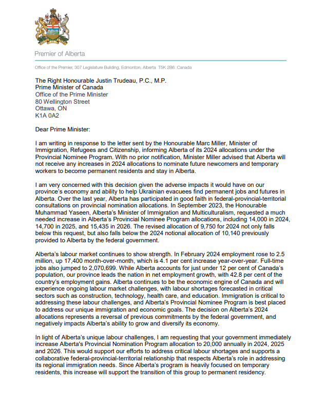 MerlinofCanada's tweet image. .Here you have @ABDanielleSmith's letter demanding DOUBLE Alberta's allotment of immigrants. This referendum is nothing but a #WagTheDog move to distract from a disastrous budget and #UCP total incompetence. She needs a Scapegoat &amp;amp;Justin is gone  so its the Immigrants. @CBCNews