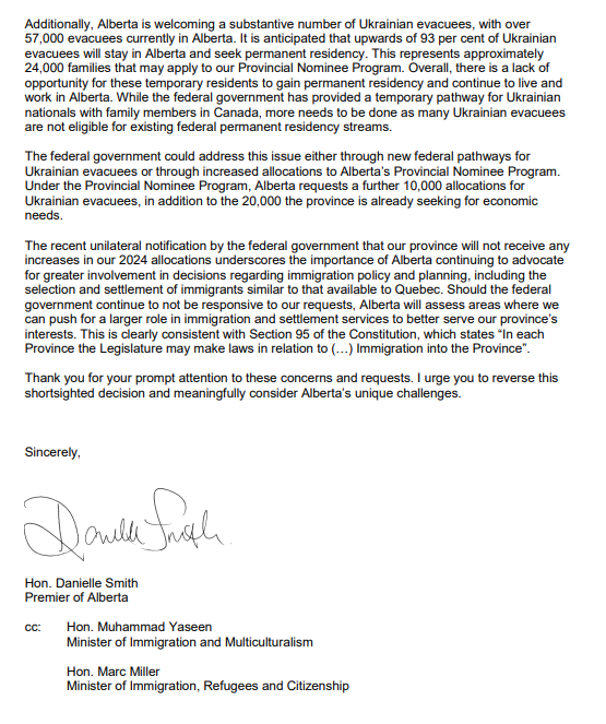 MerlinofCanada's tweet image. .Here you have @ABDanielleSmith's letter demanding DOUBLE Alberta's allotment of immigrants. This referendum is nothing but a #WagTheDog move to distract from a disastrous budget and #UCP total incompetence. She needs a Scapegoat &amp;amp;Justin is gone  so its the Immigrants. @CBCNews