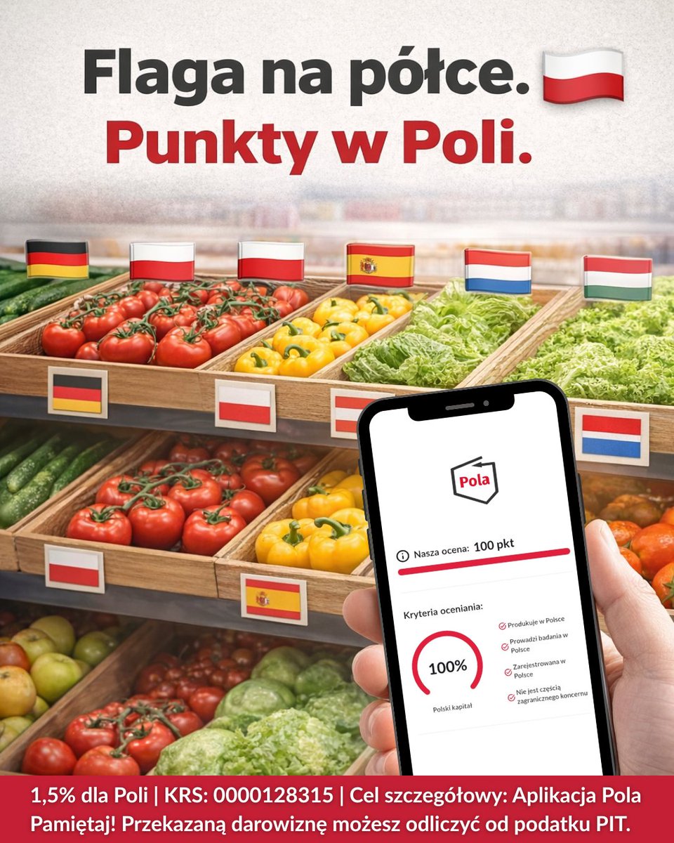 Owoce i warzywa z flagą kraju pochodzenia 🇵🇱!

Od 17.02.2026 r. kraj pochodzenia będzie oznaczany także flagą. O czytelnym oznakowaniu mówimy od lat — transparentność to podstawa świadomych wyborów.

Chcesz, byśmy dalej się rozwijali?
Wspieraj regularnie Polę 🇵🇱