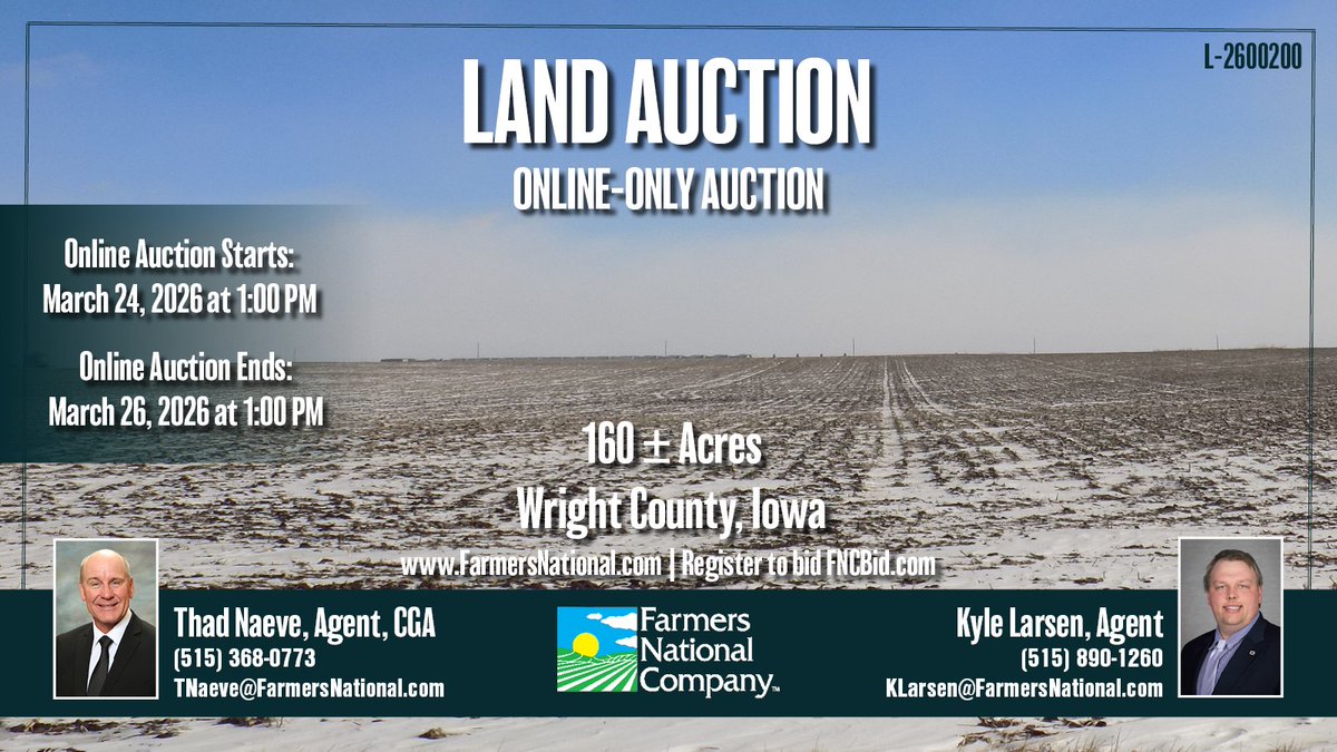 FarmersNational's tweet photo. #Land Auction!
Online-only auction.
160 acres in Wright County, #Iowa.

High quality #cropland + #grainbins located in a strong production area. Buyer will receive 2026 cash rent at closing.

🔗https://t.co/k2EaWzQOXm https://t.co/Eqty9Y6NoV