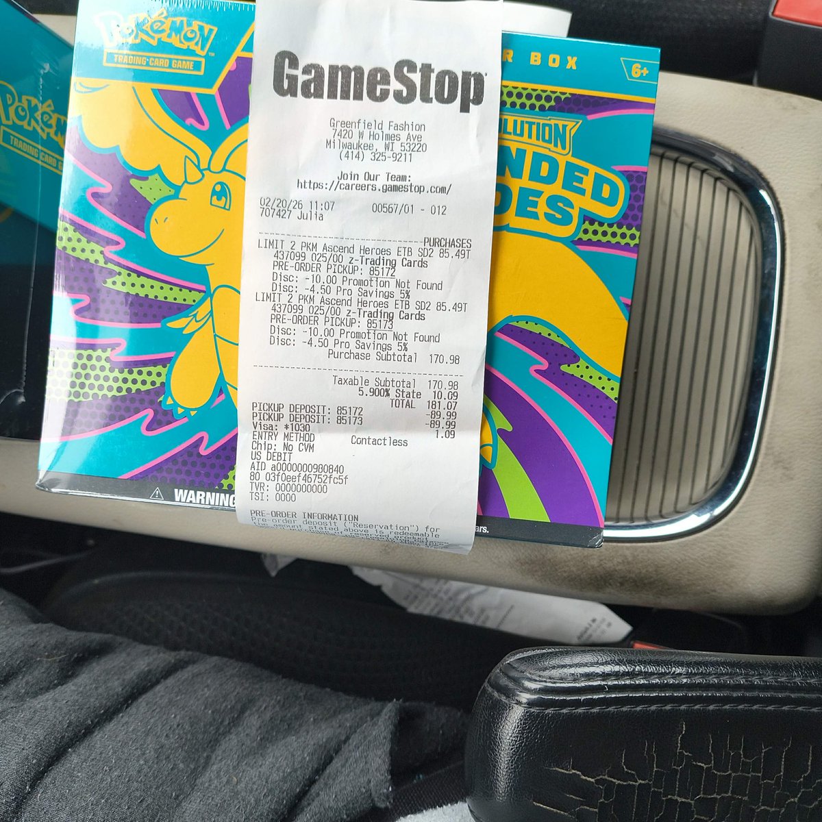 Maleantoso's tweet photo. Preordered Ascended Heroes ETBs and at the store the cashier said that the street value went up and tried to charge more even though it was already paid for!!!!!! @gamestop @Pokemon @PokemonTCGDrops these are messed up business practices and this needs to stop!!!! Please share. https://t.co/7DpSnu7GSy
