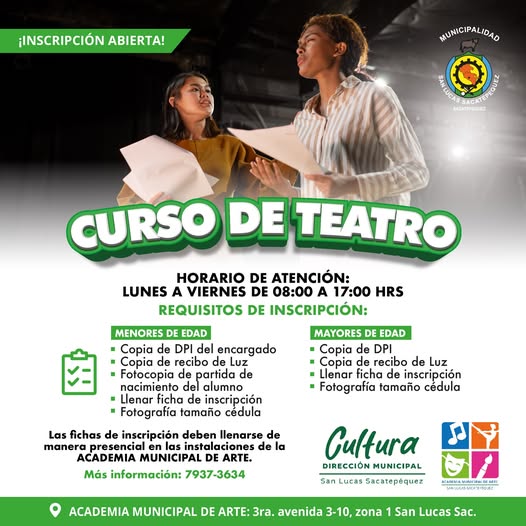 🎭 ¡INSCRIPCIÓN ABIERTA! 🎭
La Academia Municipal de Arte le invita a formar parte de nuestro Curso de Teatro.

Este curso está dirigido a:
👧 Niños de 7 a 12 años | 🧑 Jóvenes | 👩‍🦱 Adultos

📍 Inscripciones presenciales en la Academia Municipal de Arte
📞 7937-3634