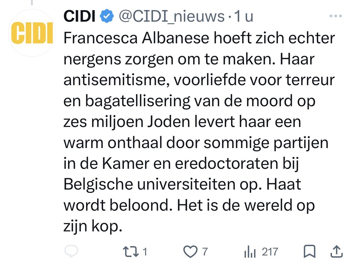 Dear <a href="/FranceskAlbs/">Francesca Albanese, UN Special Rapporteur oPt</a>, you should seriously consider pressing charges against the main Dutch Israel-lobby organization <a href="/CIDI_nieuws/">CIDI</a> for the wild slanderous thread they posted on X today. On top of the customary slanderous accusation of ‘antisemitism’, they slander you for your >