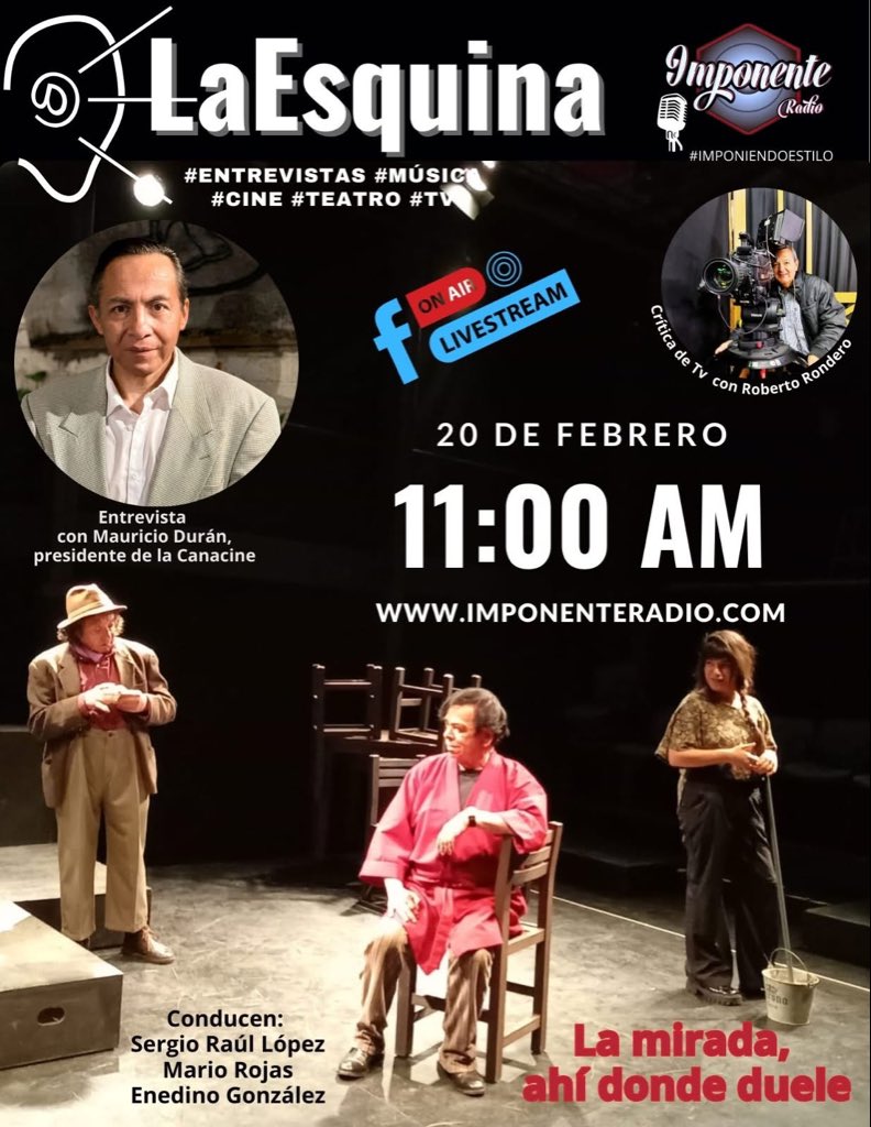 sergioraulopez's tweet image. Viernes de #LaEsquina con recomendaciones de TV además de hablar de la obra  “La mirada, ahí donde duele” y entrevista con Mauricio Durán, presidente de @CANACINE sobre los incentivos al cine.
Hoy a las 11:00 por @ImponenteRadio por #FacebookLive o en imponenteradio.com.